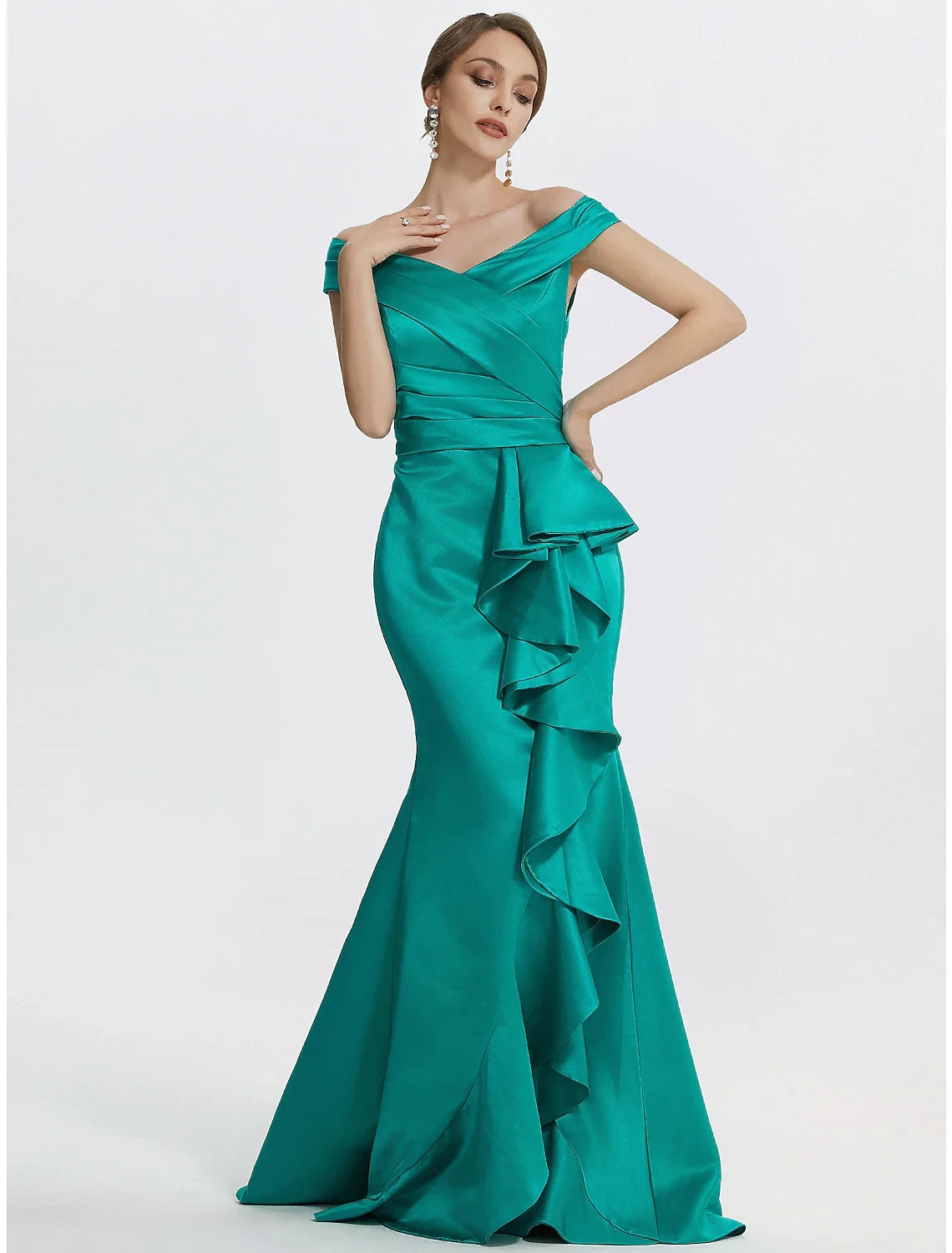 Luxurious Satin Mermaid Off-Shoulder V-Neck Short Sleeve Button-Up Back Floor-Length Evening Dresses