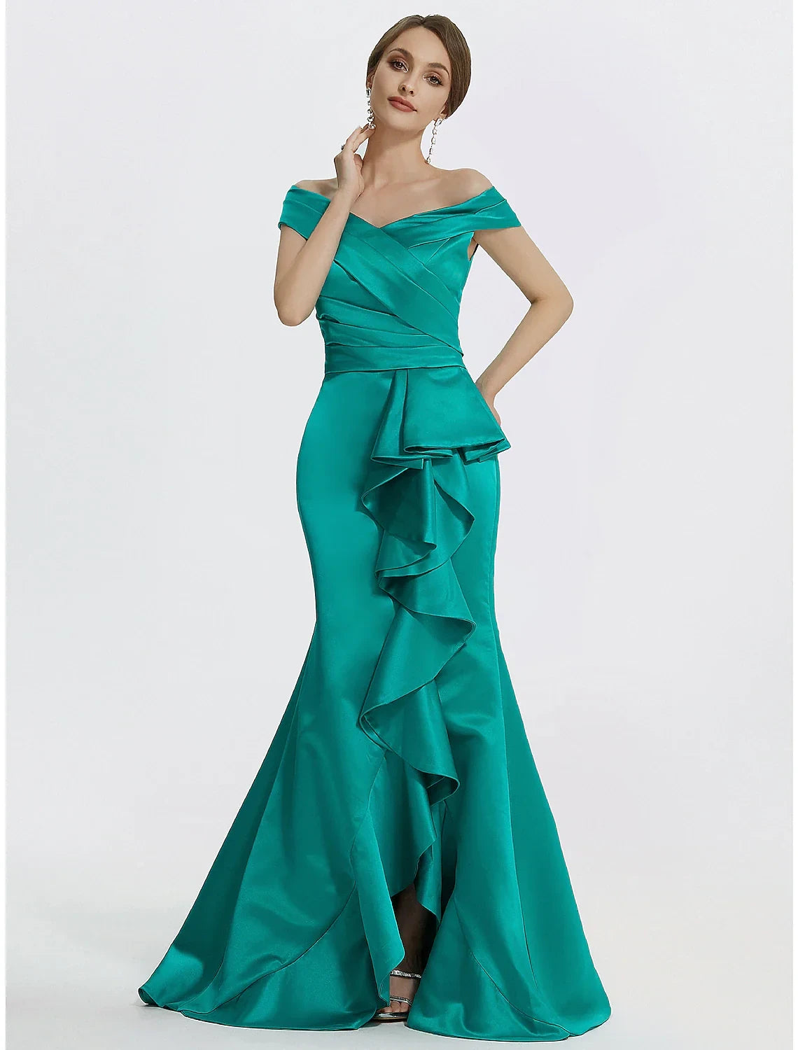 Luxurious Satin Mermaid Off-Shoulder V-Neck Short Sleeve Button-Up Back Floor-Length Evening Dresses