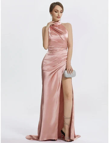 Luxurious Satin Sheath Halter Neck Sleeveless Halter Back Floor-Length High Slit Ruched Evening Dresses