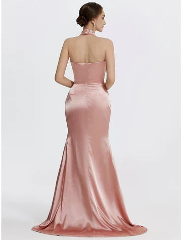 Luxurious Satin Sheath Halter Neck Sleeveless Halter Back Floor-Length High Slit Ruched Evening Dresses