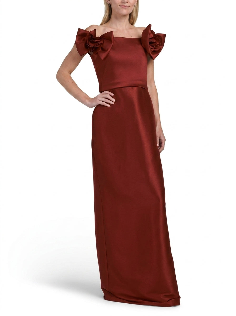 Luxurious Satin Sheath Off-Shoulder Bow Sleeve Zipper Slit Back Floor-Length Evening Dresses