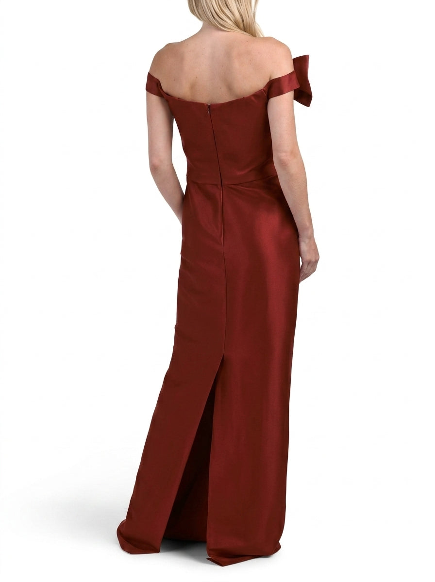 Luxurious Satin Sheath Off-Shoulder Bow Sleeve Zipper Slit Back Floor-Length Evening Dresses