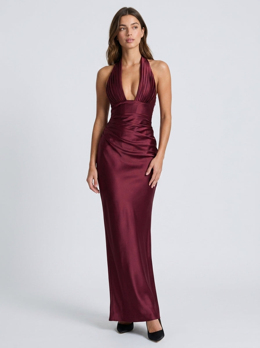 Luxurious Satin Sheath Plunging Halter Sleeveless Lace-Up Back Floor-Length Evening Dresses