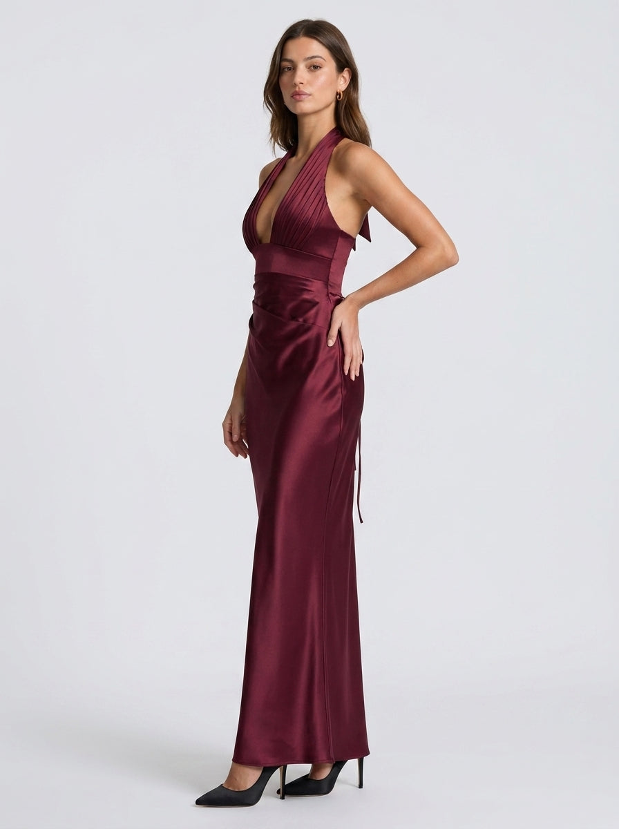 Luxurious Satin Sheath Plunging Halter Sleeveless Lace-Up Back Floor-Length Evening Dresses