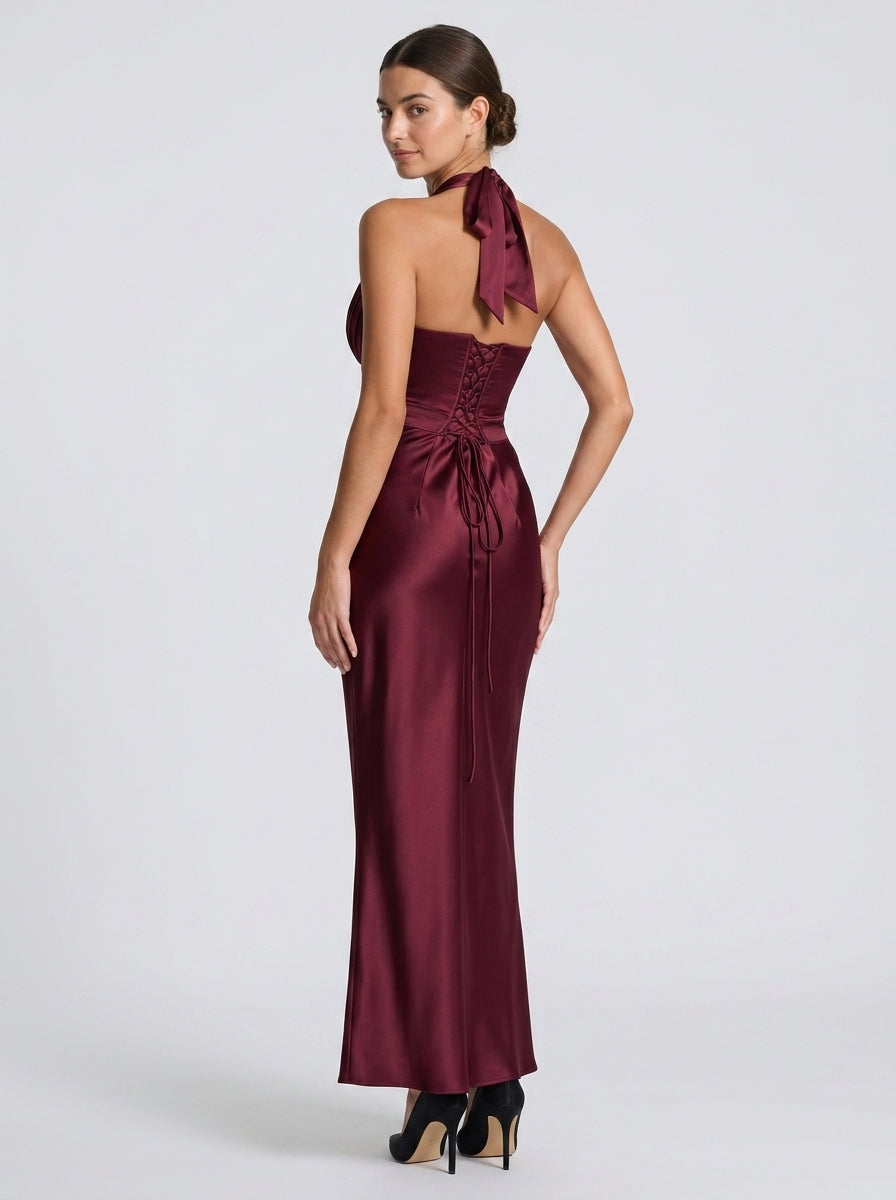 Luxurious Satin Sheath Plunging Halter Sleeveless Lace-Up Back Floor-Length Evening Dresses