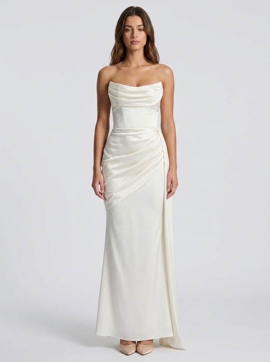 Luxurious Satin Sheath Strapless Cowl Neck Sleeveless Lace-Up Back Floor-Length Sweep Train Evening Dresses