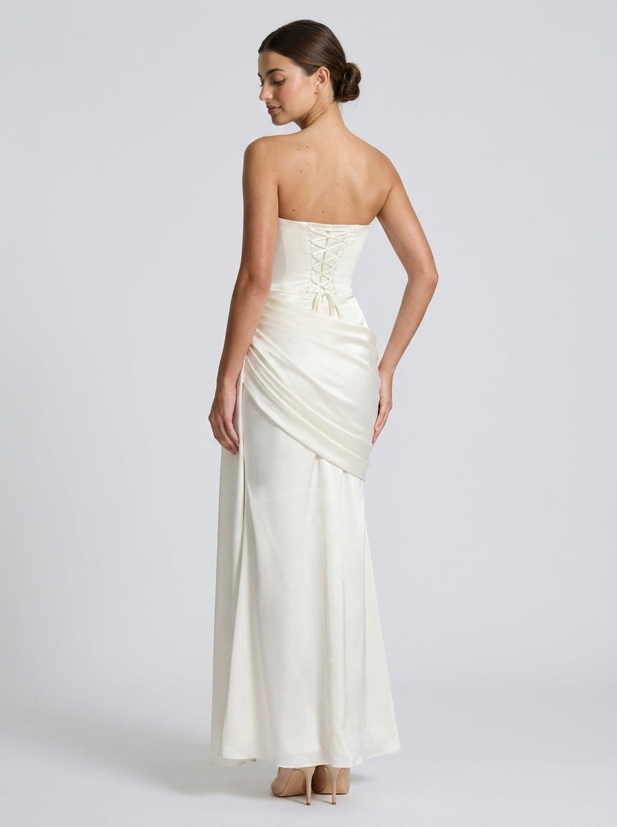 Luxurious Satin Sheath Strapless Cowl Neck Sleeveless Lace-Up Back Floor-Length Sweep Train Evening Dresses