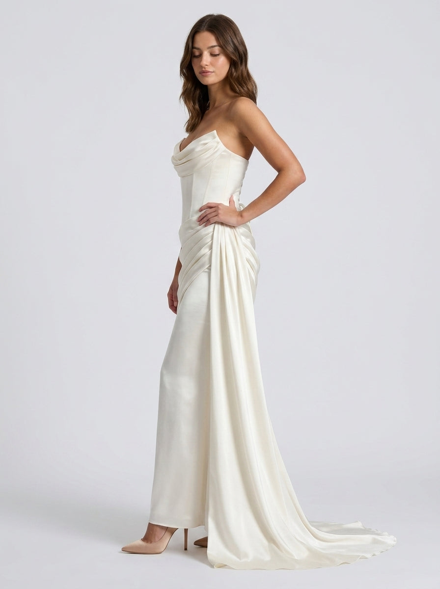 Luxurious Satin Sheath Strapless Cowl Neck Sleeveless Lace-Up Back Floor-Length Sweep Train Evening Dresses