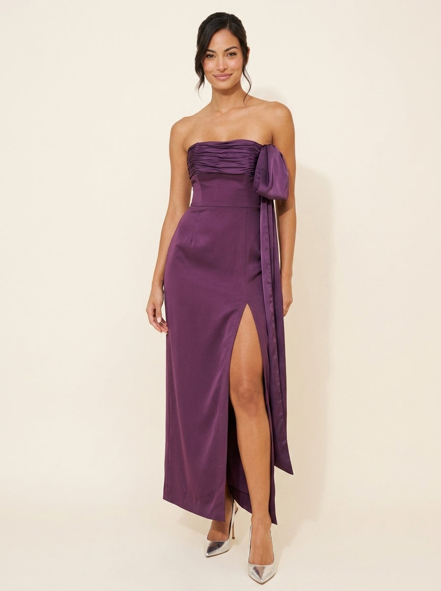 Luxurious Satin Sheath Strapless Sleeveless Zipper Back Maxi High Slit Bow Evening Dresses
