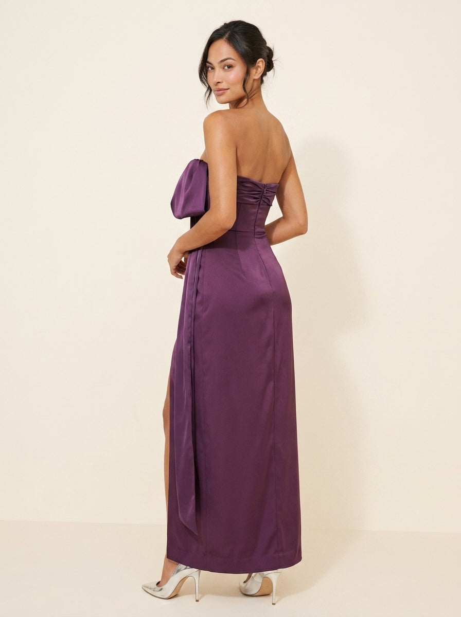 Luxurious Satin Sheath Strapless Sleeveless Zipper Back Maxi High Slit Bow Evening Dresses