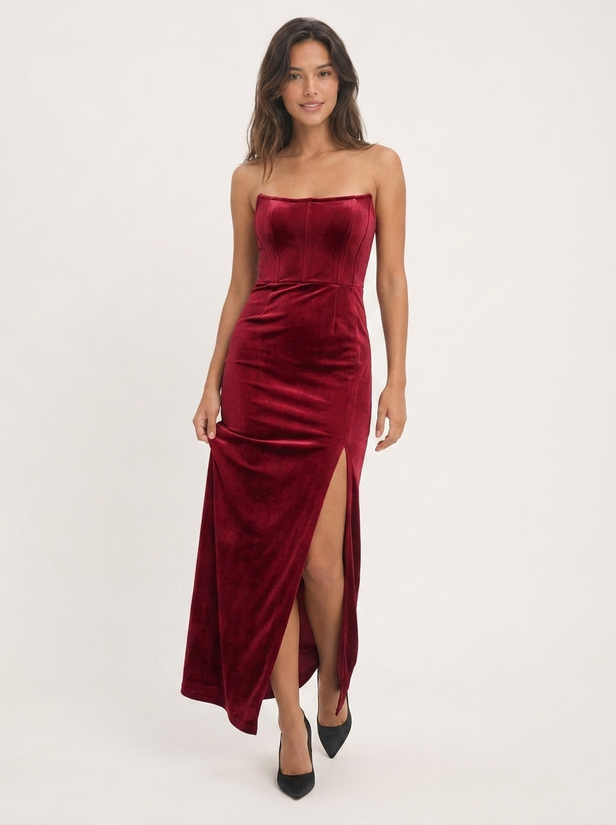 Luxurious Velvet Sheath Strapless Sleeveless Zipper Back Floor-Length High Slit Evening Dress