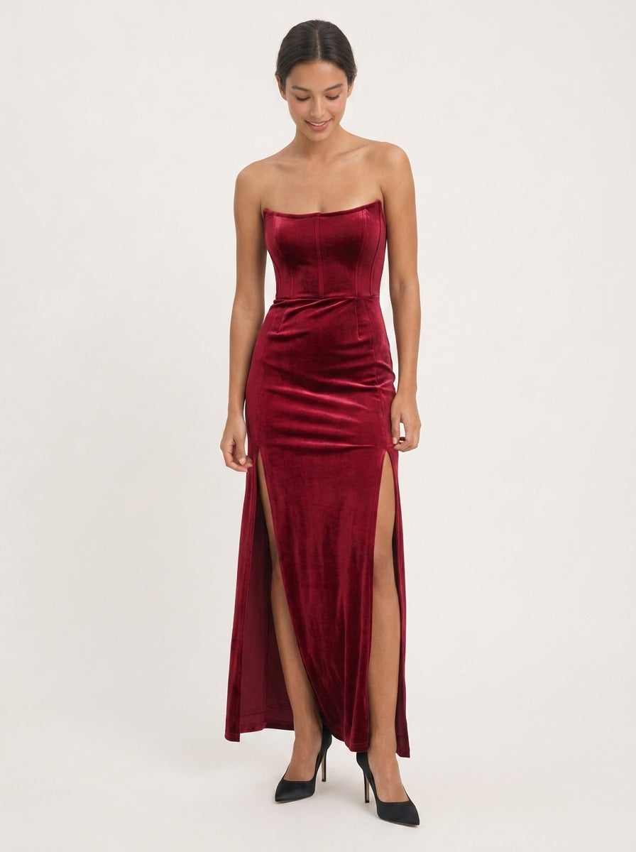 Luxurious Velvet Sheath Strapless Sleeveless Zipper Back Floor-Length High Slit Evening Dress