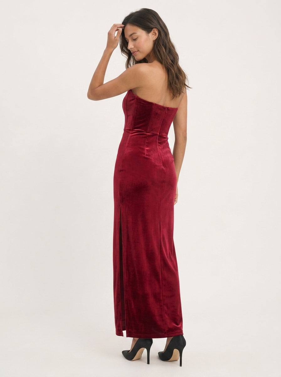 Luxurious Velvet Sheath Strapless Sleeveless Zipper Back Floor-Length High Slit Evening Dress