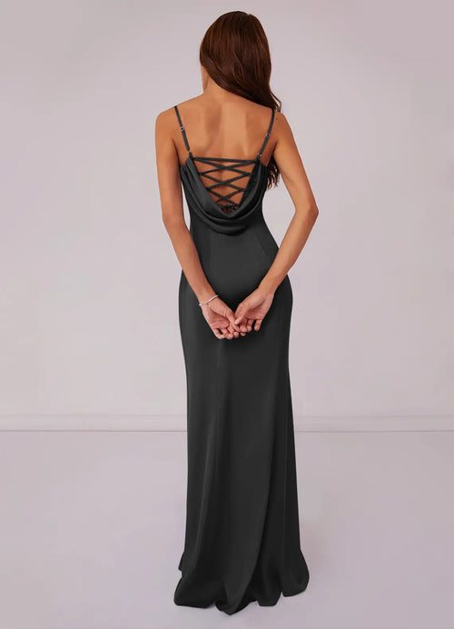 Black Crepe Cowl Neck Sheath Floor-Length Dress