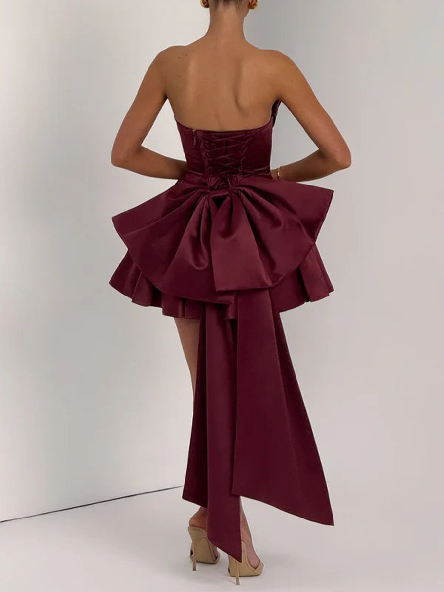 Glamorous Satin A-Line Strapless Cowl Neck Corset Bow Burgundy Mini Homecoming Dress