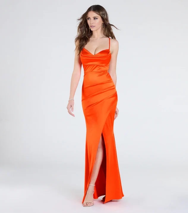 Luxury Cowl Neck Spaghetti Strap CrissCross Back Slit Satin Mermaid Floor-Length Evening Dress