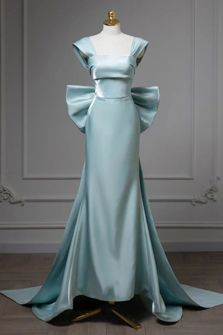 Luxury Mermaid Square Neck Cap Sleeve Closed Back Floor Length Evening Dresses
