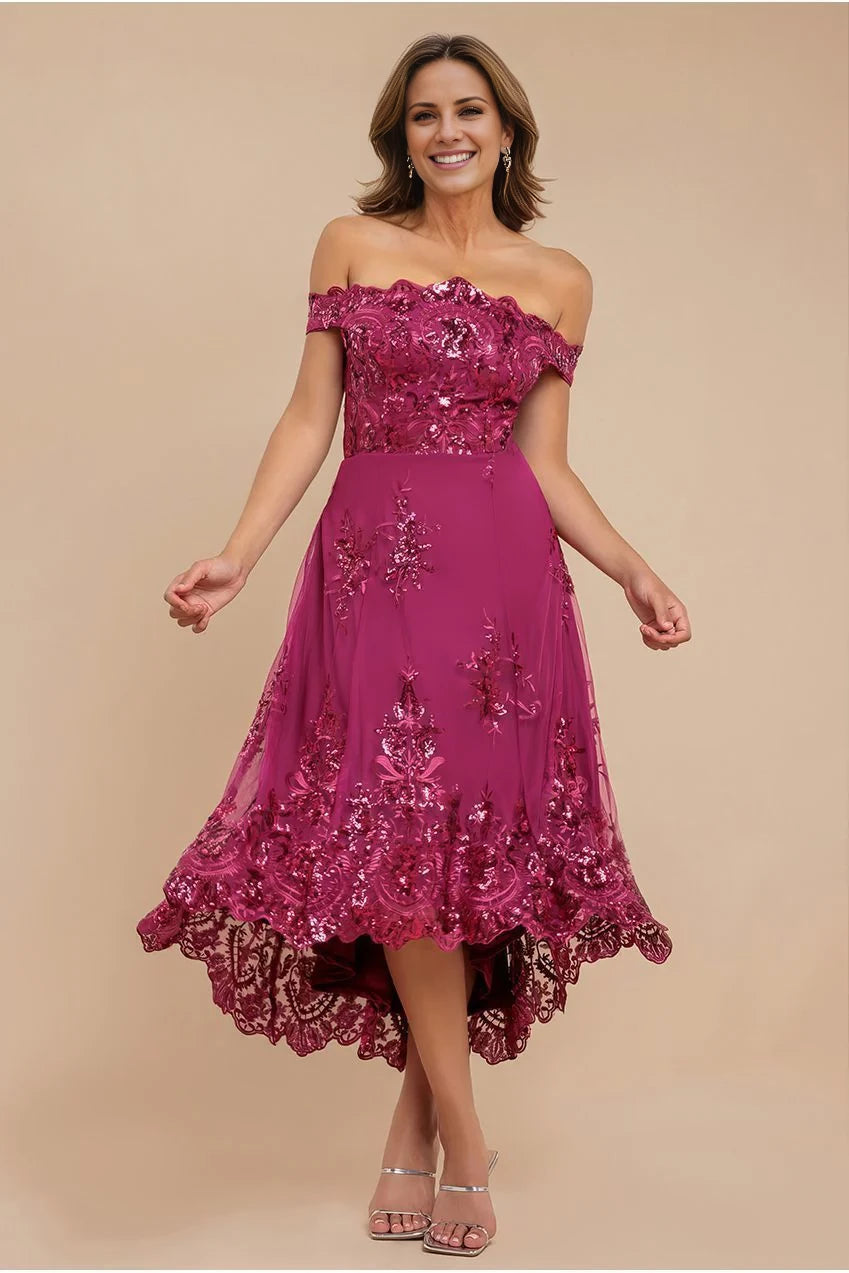 Mulberry Sequin Off-the-Shoulder A-Line High-Low Dress for Mother of the Bride & Wedding Guests