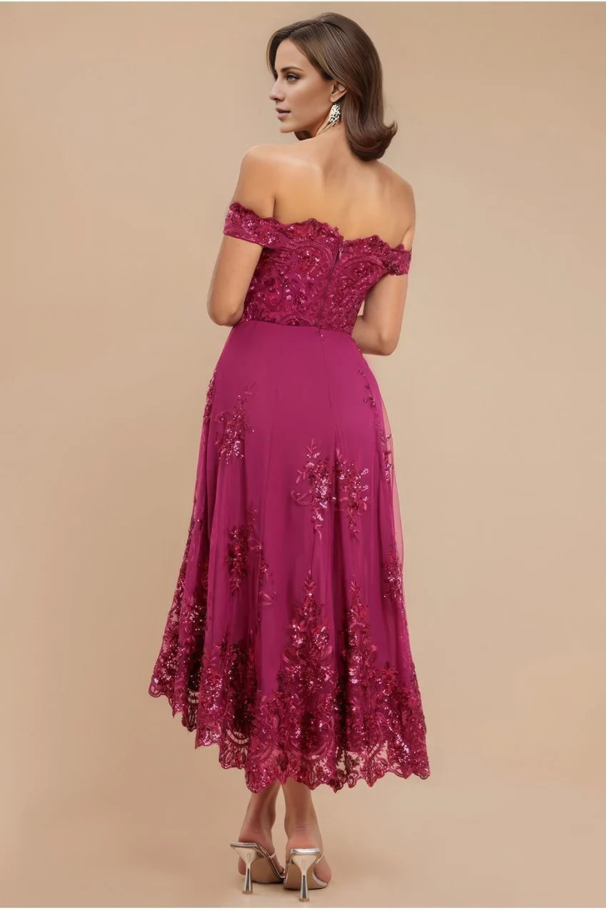 Mulberry Sequin Off-the-Shoulder A-Line High-Low Dress for Mother of the Bride & Wedding Guests