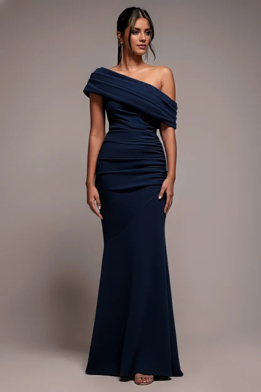 Luxury One-Shoulder Neck Sleeveless Draped Ruched Mermaid Floor-Length Evening Dress