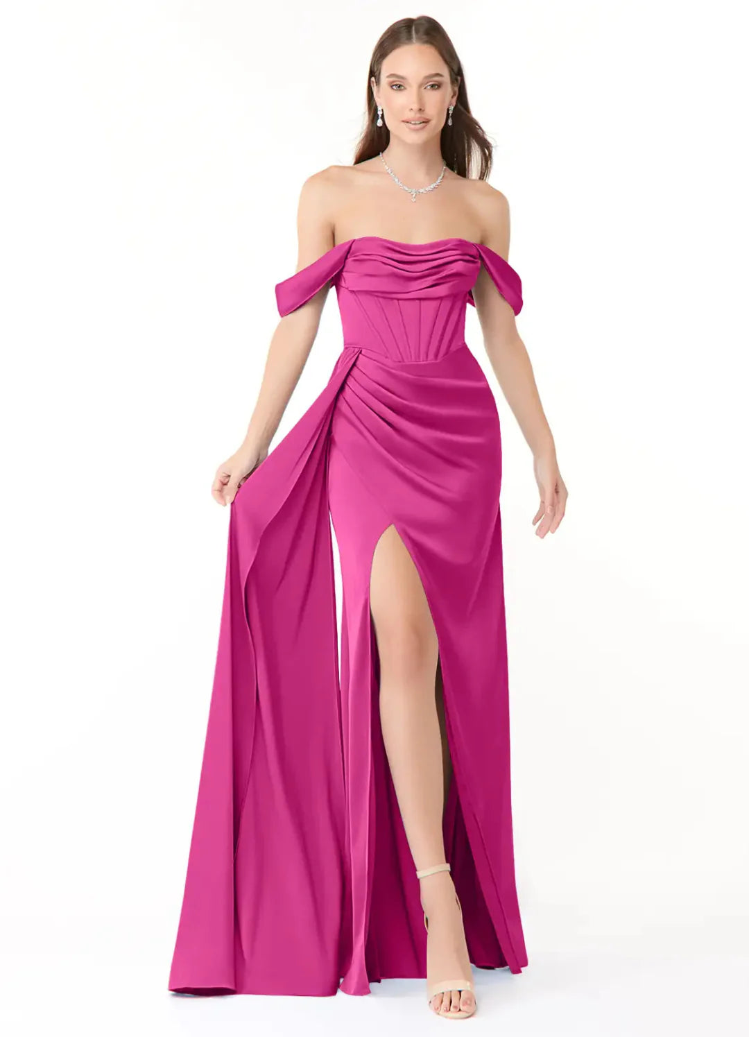 Pink Satin Off-the-Shoulder Sheath/column Floor-Length Dress with Boned Bodice, Asymmetrical Draping & High Slit