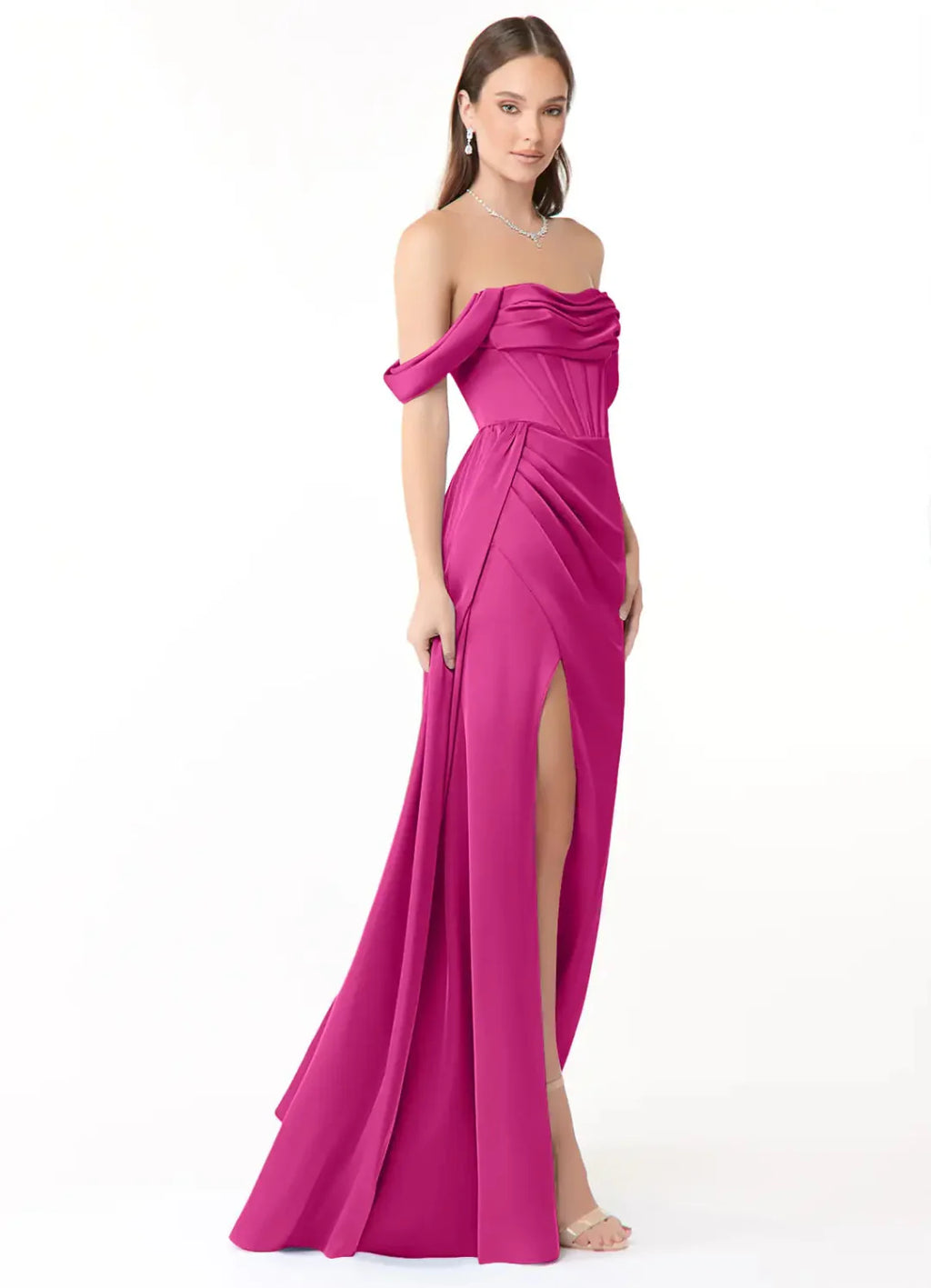 Pink Satin Off-the-Shoulder Sheath/column Floor-Length Dress with Boned Bodice, Asymmetrical Draping & High Slit