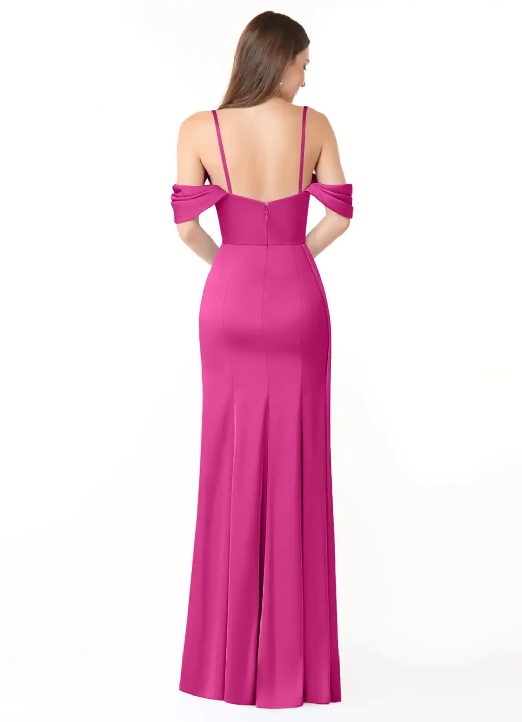Pink Satin Off-the-Shoulder Sheath/column Floor-Length Dress with Boned Bodice, Asymmetrical Draping & High Slit