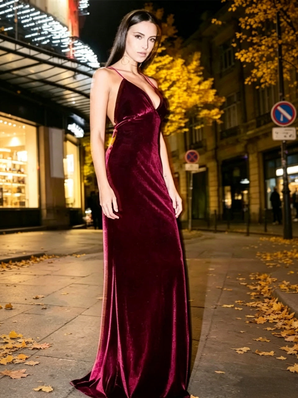 Luxury burgundy velvet mermaid plunging thin spaghetti cross strap open back sweep train evening dress
