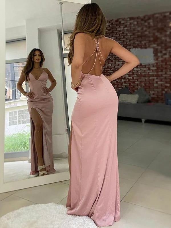 Luxury satin mermaid deep V spaghetti strap crisscross back floor length formal evening dress