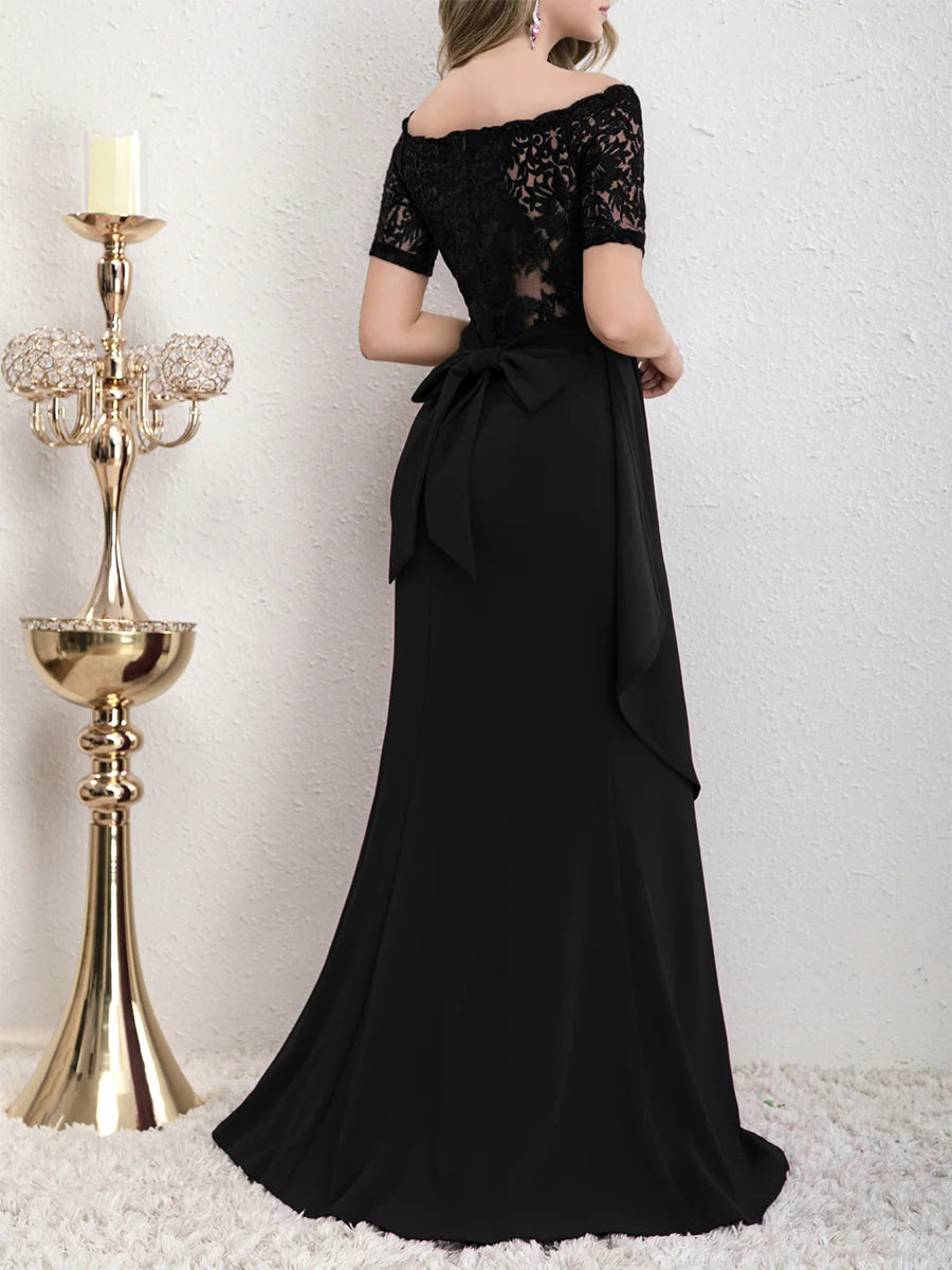 Burgundy Off-the-Shoulder A-Line Floor-Length Bridesmaid Dress with Lace Bodice