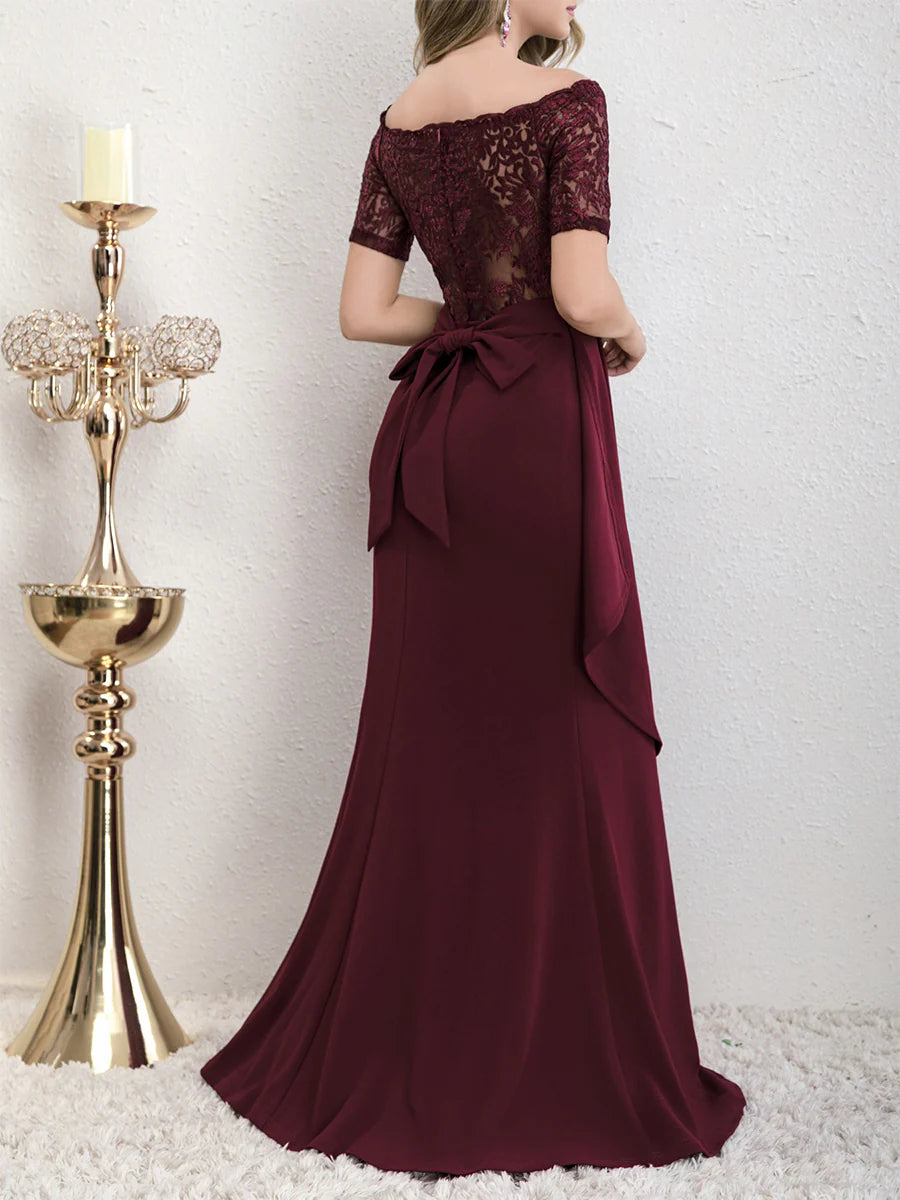 Burgundy Off-the-Shoulder A-Line Floor-Length Bridesmaid Dress with Lace Bodice