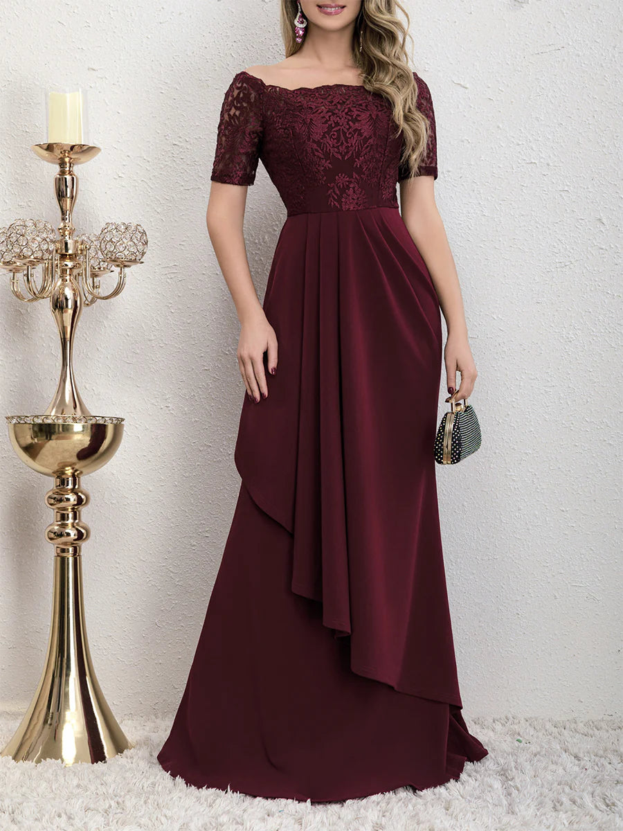Burgundy Off-the-Shoulder A-Line Floor-Length Bridesmaid Dress with Lace Bodice