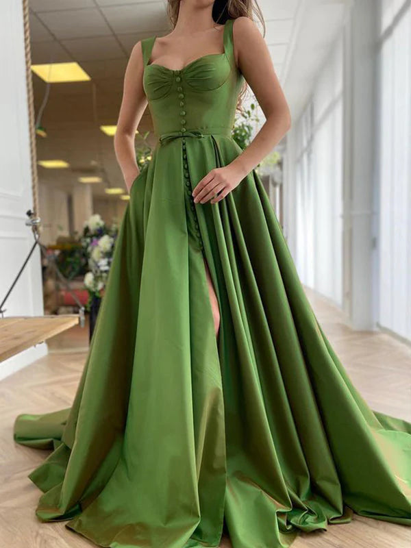 Vestido de noche largo de satén con corte princesa y tirantes finos para mujer