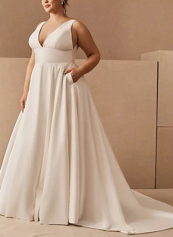 Vestido de novia corte A/princesa con escote en V y bolsillos grandes