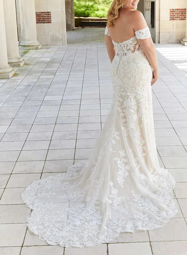 Vestido de novia de encaje con etiqueta grande y hombros descubiertos, corte trompeta/cola de pez