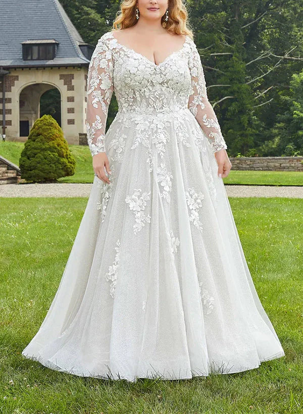 Vestido de novia de encaje con apliques, manga larga, escote en V y corte A/princesa, talla grande
