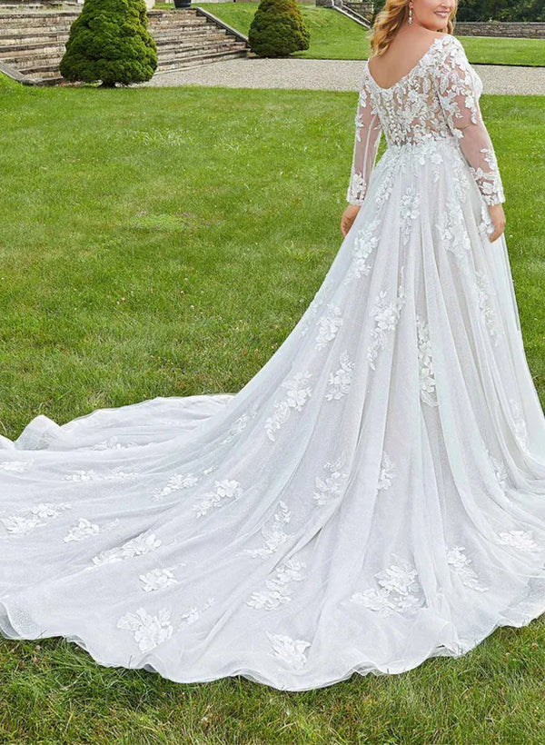 Vestido de novia de encaje con apliques, manga larga, escote en V y corte A/princesa, talla grande