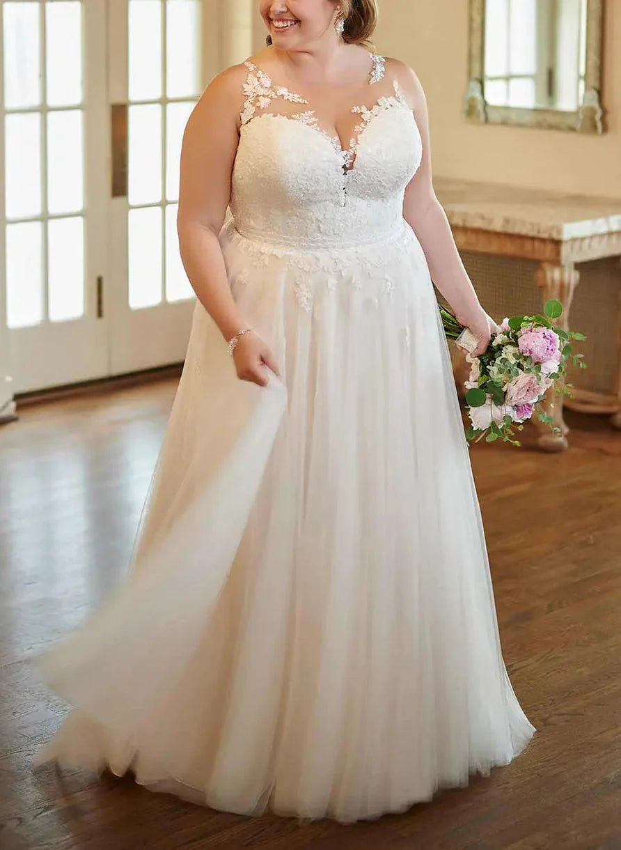 Vestido de novia de encaje con etiqueta grande, corte princesa, escote en V y corte A