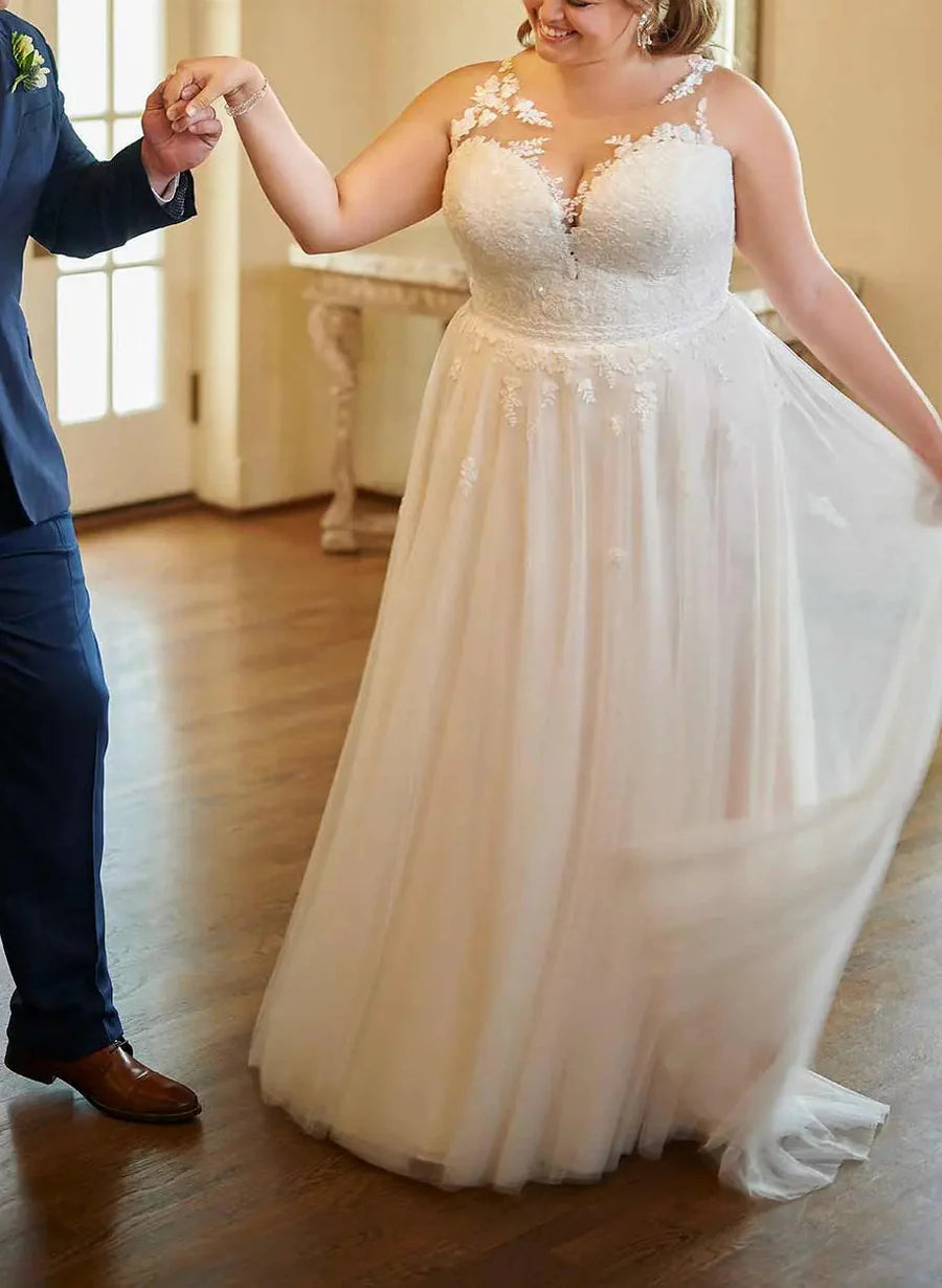 Vestido de novia de encaje con etiqueta grande, corte princesa, escote en V y corte A