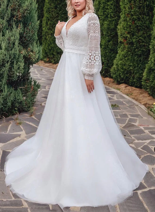 Vestido de novia de encaje con etiqueta grande, corte princesa, escote en V y corte A