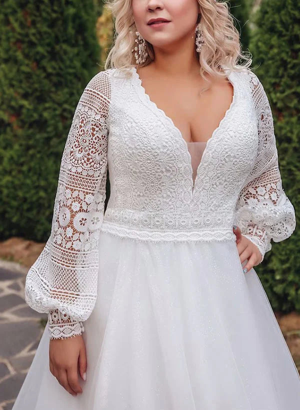 Vestido de novia de encaje con etiqueta grande, corte princesa, escote en V y corte A