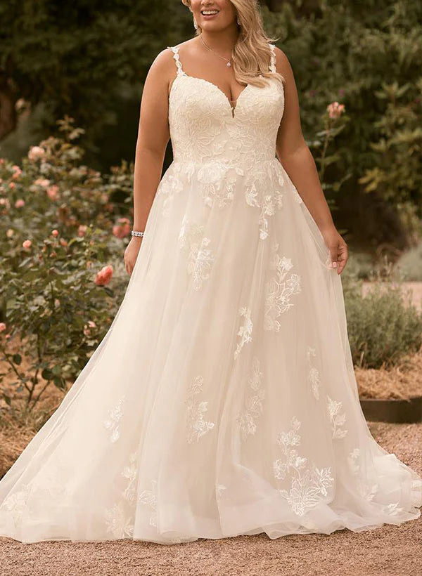 Vestido de novia de corte A/princesa con escote en V y tirantes finos con encaje adhesivo grande