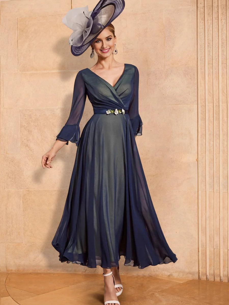 Vestidos de madre de la novia de corte A/princesa, escote en V y hasta el tobillo