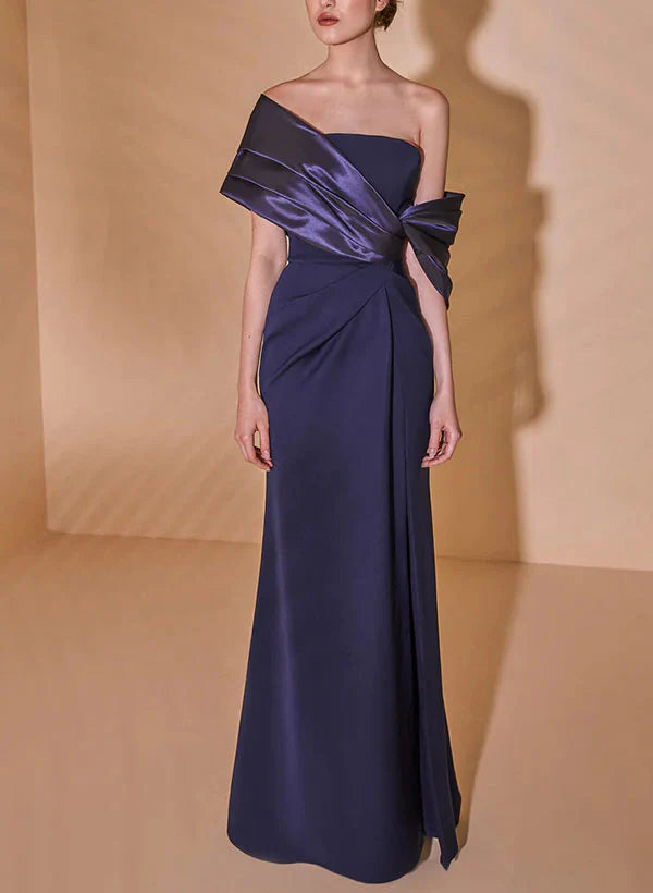 Vestido de madre de la novia plisado, ajustado, con hombros descubiertos y corte columna