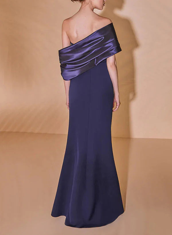 Vestido de madre de la novia plisado, ajustado, con hombros descubiertos y corte columna