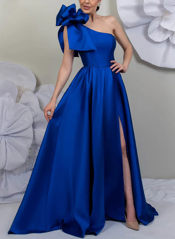Vestido de madre de la novia de satén con abertura y un hombro sin mangas y corte A/Princesa