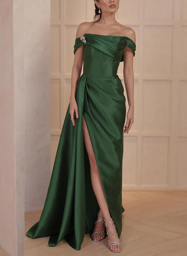 Abito da madre della sposa in raso con spacchi e spalle scoperte, stile a trapezio/principessa
