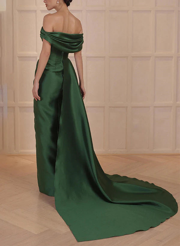 Abito da madre della sposa in raso con spacchi e spalle scoperte, stile a trapezio/principessa