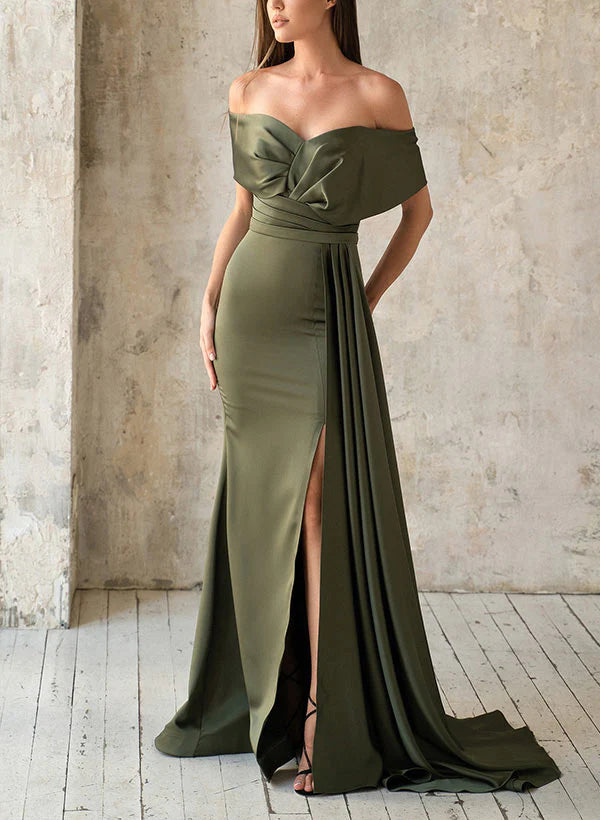 Vestidos para madre de la novia con pliegues de satén y hombros de cola de pez/cuerno
