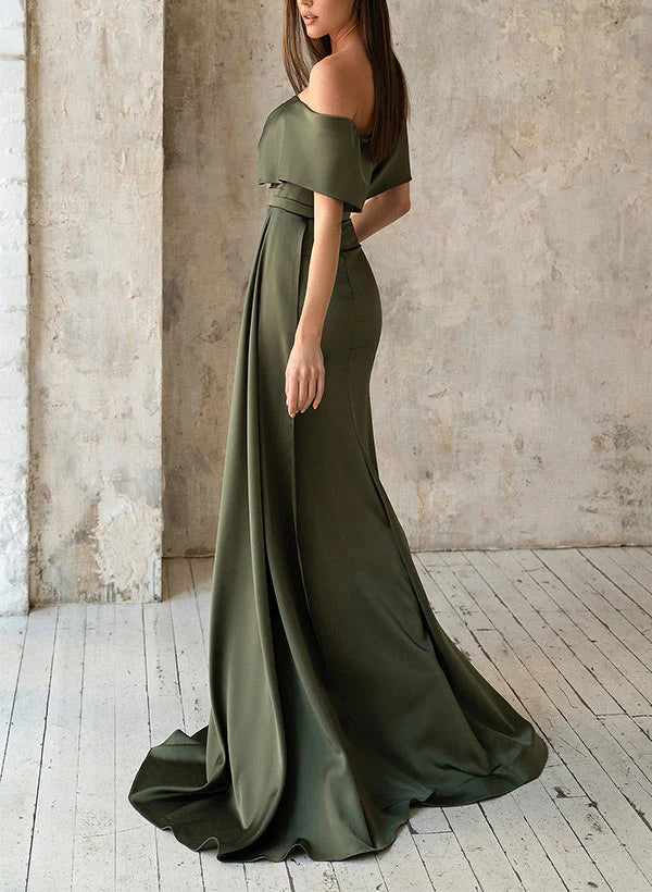 Vestidos para madre de la novia con pliegues de satén y hombros de cola de pez/cuerno